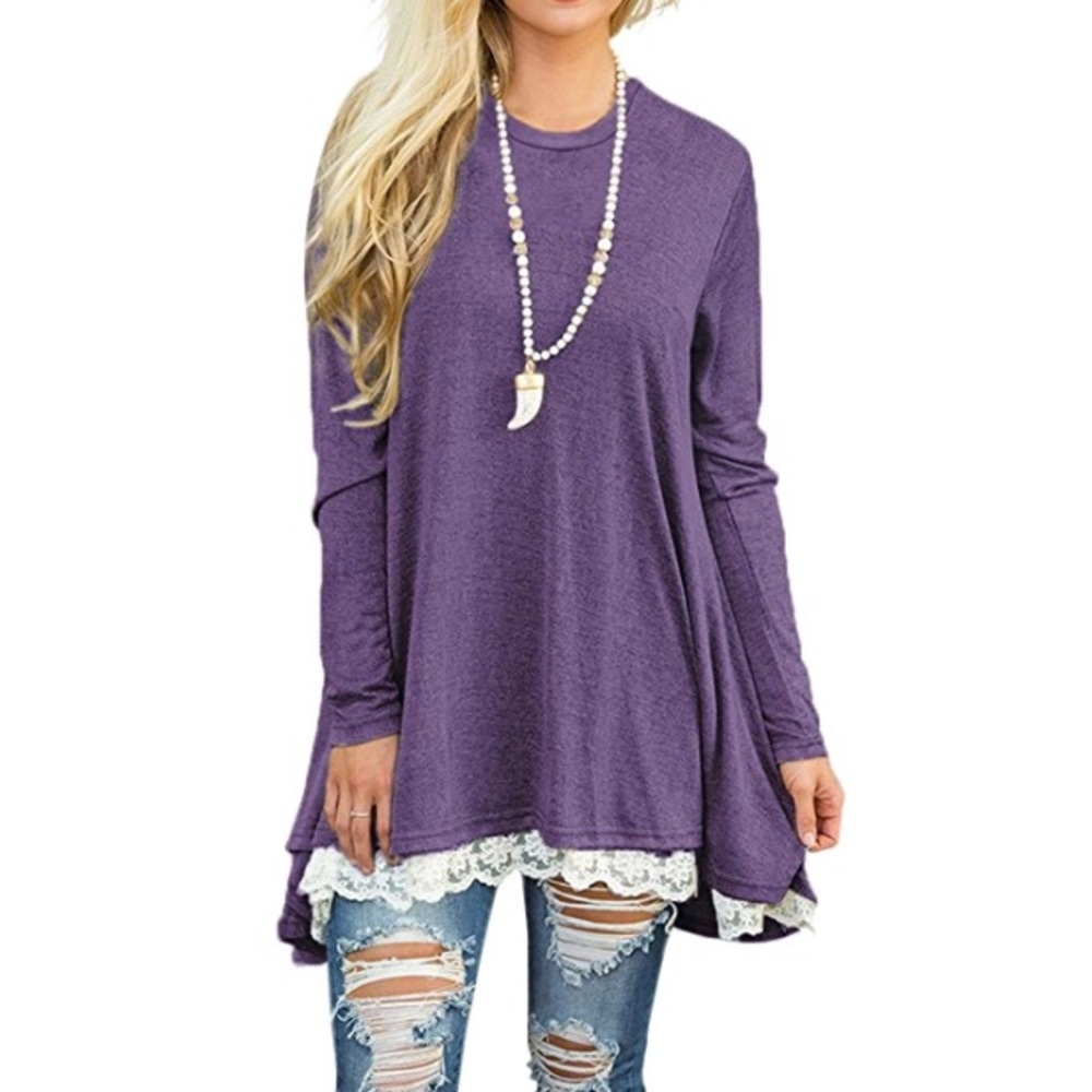 👚MIA Lace Trim Tunic Blouse in Purple👚